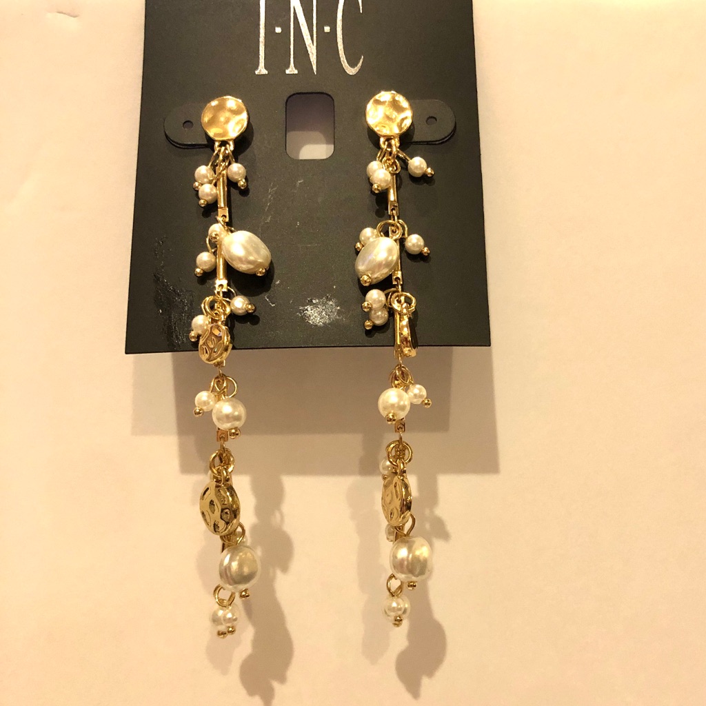 Nwt Inc Gold Tone Earrings W/ Hammered Discs & Faux Pearls. Dangle, Long
